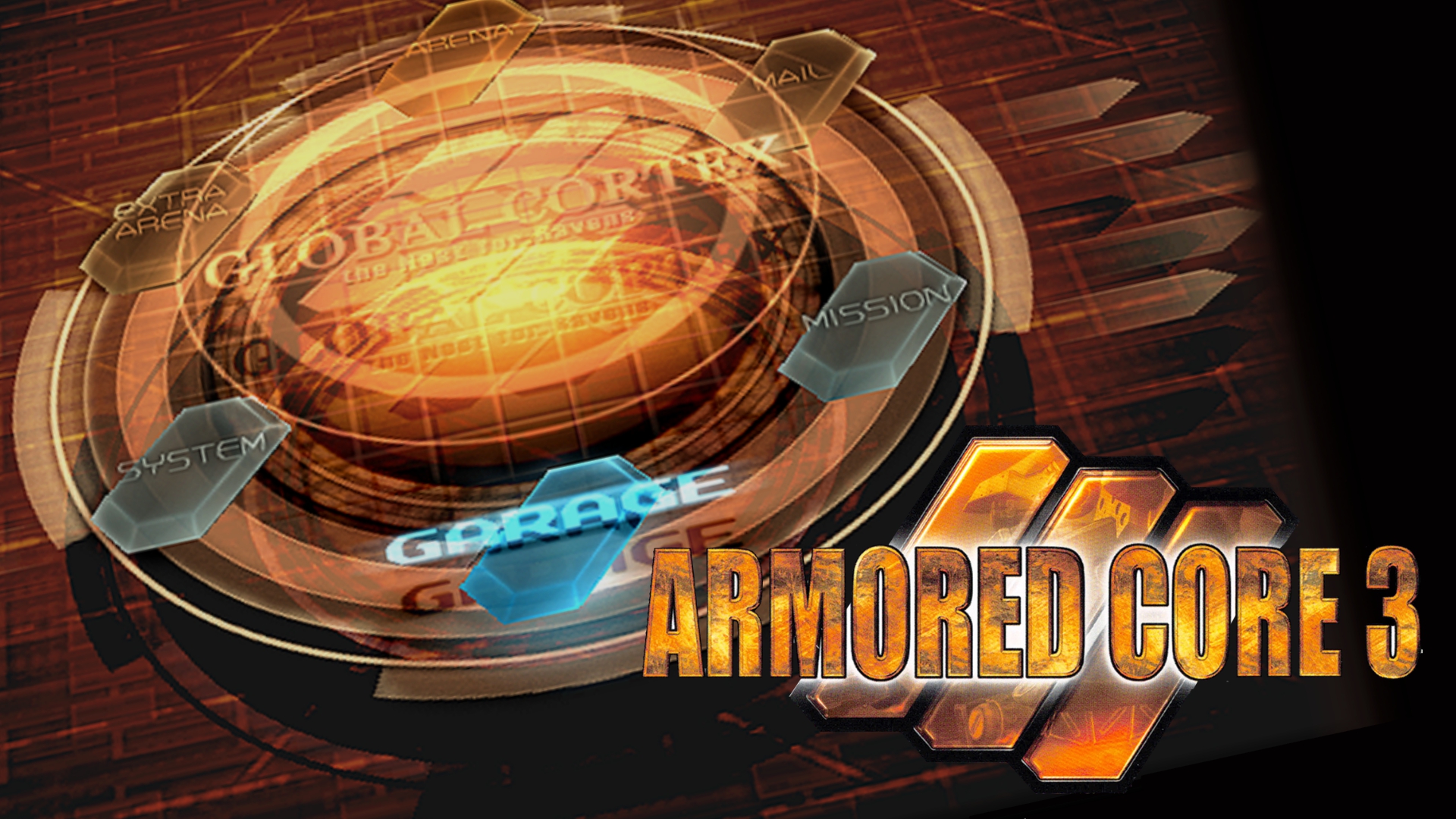 image of the raven's nest in armored core 3 silent line, a circular futuristic digital hub for mail, arena, extra arena, system, garage, and mission - the middle has the text 'global cortex, the nest for ravens.' to the side is the logo for armored core 3.